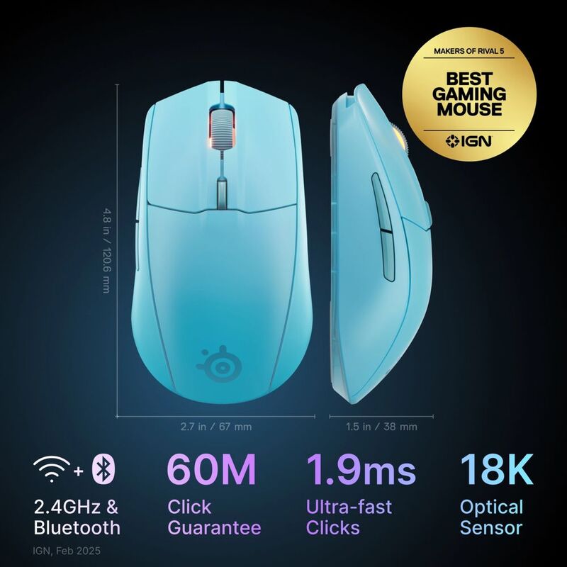 Wireless Gaming Mouse - Steelseries Rival 3 Gen 2  Aqua | Color: Blue | 2.4GHz wireless and Bluetooth