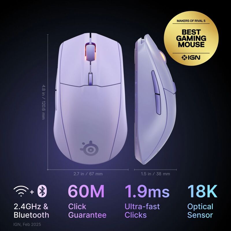 Wireless Gaming Mouse (Color: Purple) - Steelseries Rival 3 Gen 2 Lavender | 60M clicks guaranteed | 2.4GHz wireless and Bluetooth