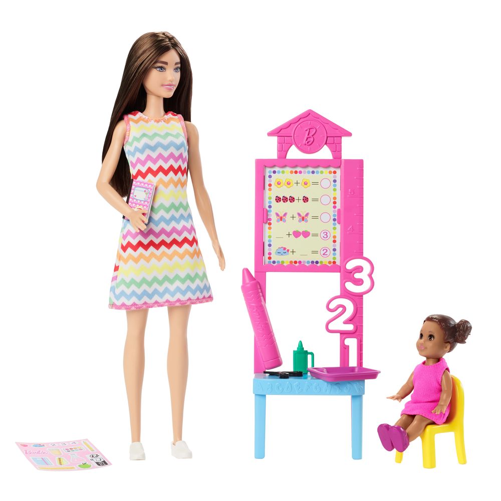 Barbie Kindergarten Teacher Doll with classroom accessories - safety scissors, backpack, and a chair for student