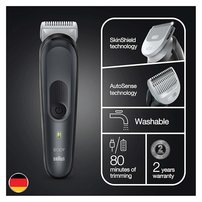 ماكينة حلاقة الجسم براون BG3340 للجسم بالكامل مع تقنية Skin Shield، وقت تشغيل 80 دقيقة، 3 أدوات